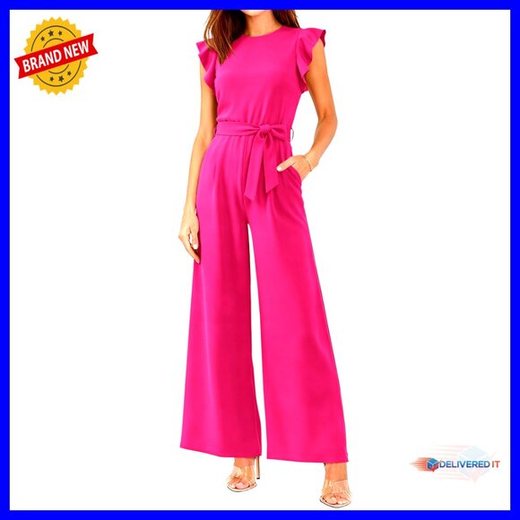 Crew Neck Cap Sleeve Jumpsuit High Waist Wide Leg Romper Casual Elegant Chic